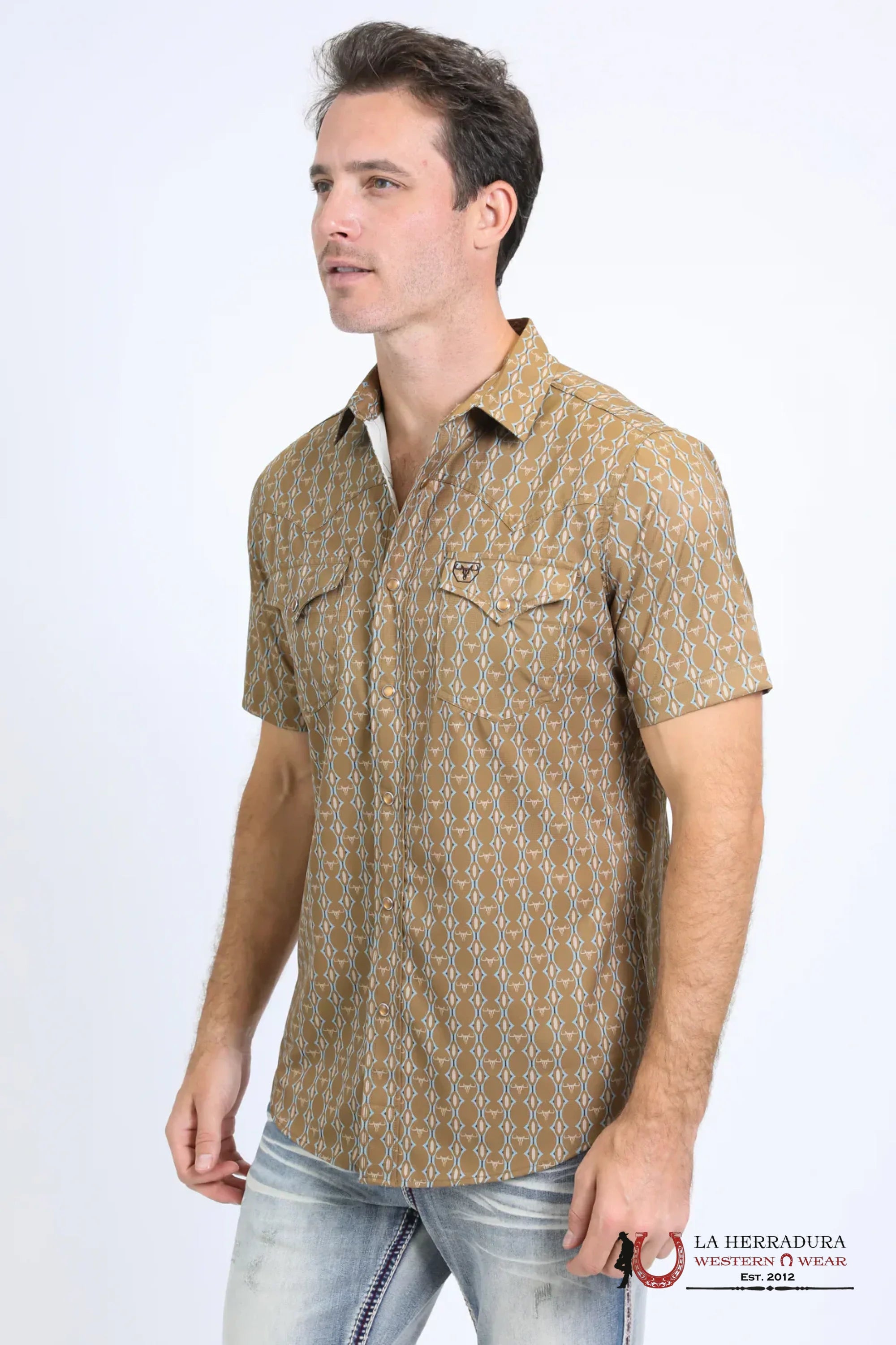 Platini Mens Performance Western Short Sleeve Aztec Print Camel Shirt - 10645 ROPA HOMBRES