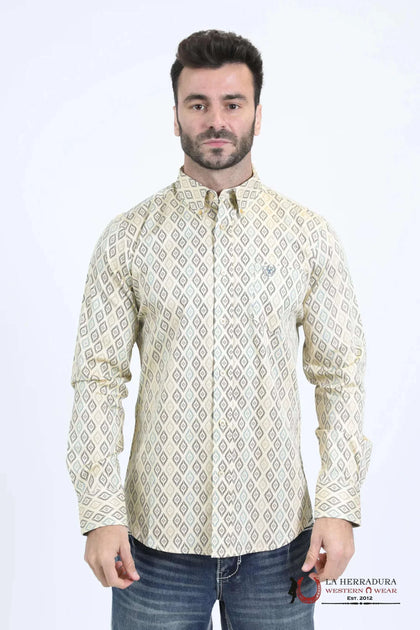 PLATINI MENS SATIN COTTON MODERN FIT NAVY LONG SLEEVE BEIGE SHIRT - CWL10755