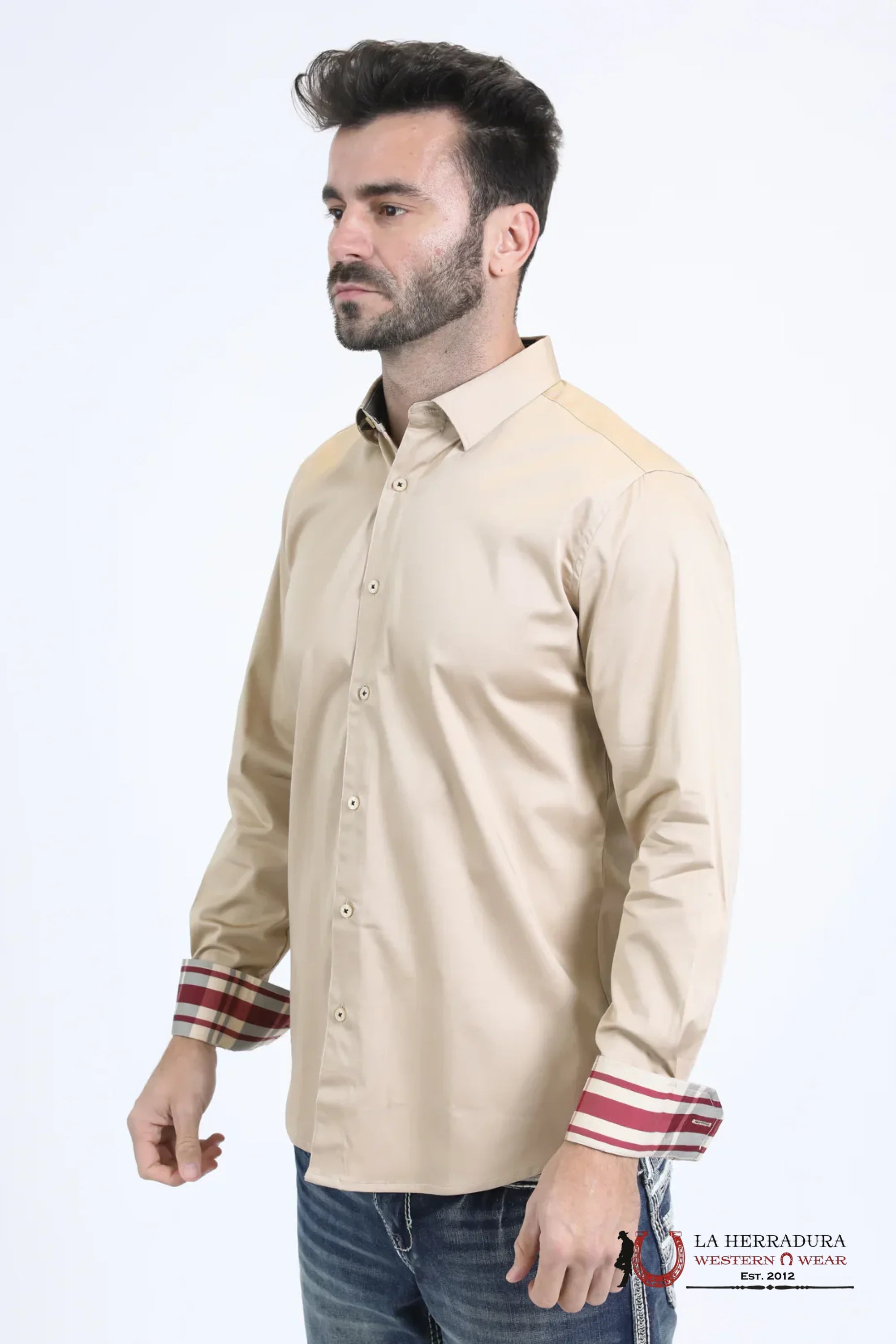 Platini Mens Satin Cotton/Spandex Long Sleeve Beige Shirt - 10850 ROPA HOMBRES