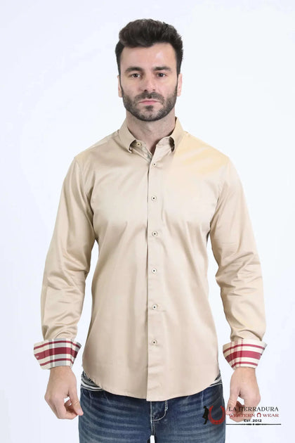 Platini Mens Satin Cotton/Spandex Long Sleeve Beige Shirt - 10850