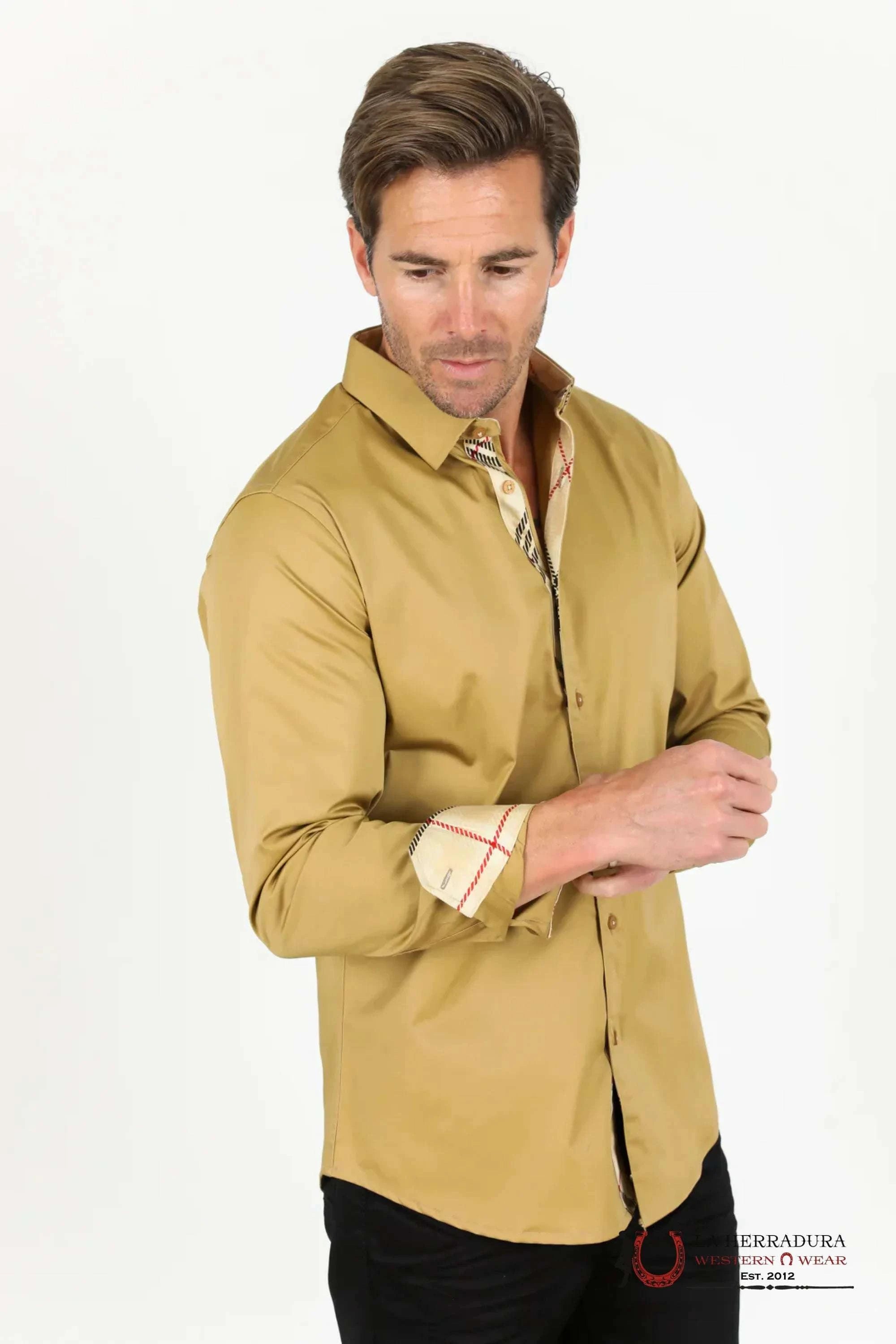 Platini Mens Satin Cotton/Spandex Long Sleeve Khaki Shirt - TKL9243 ROPA HOMBRES