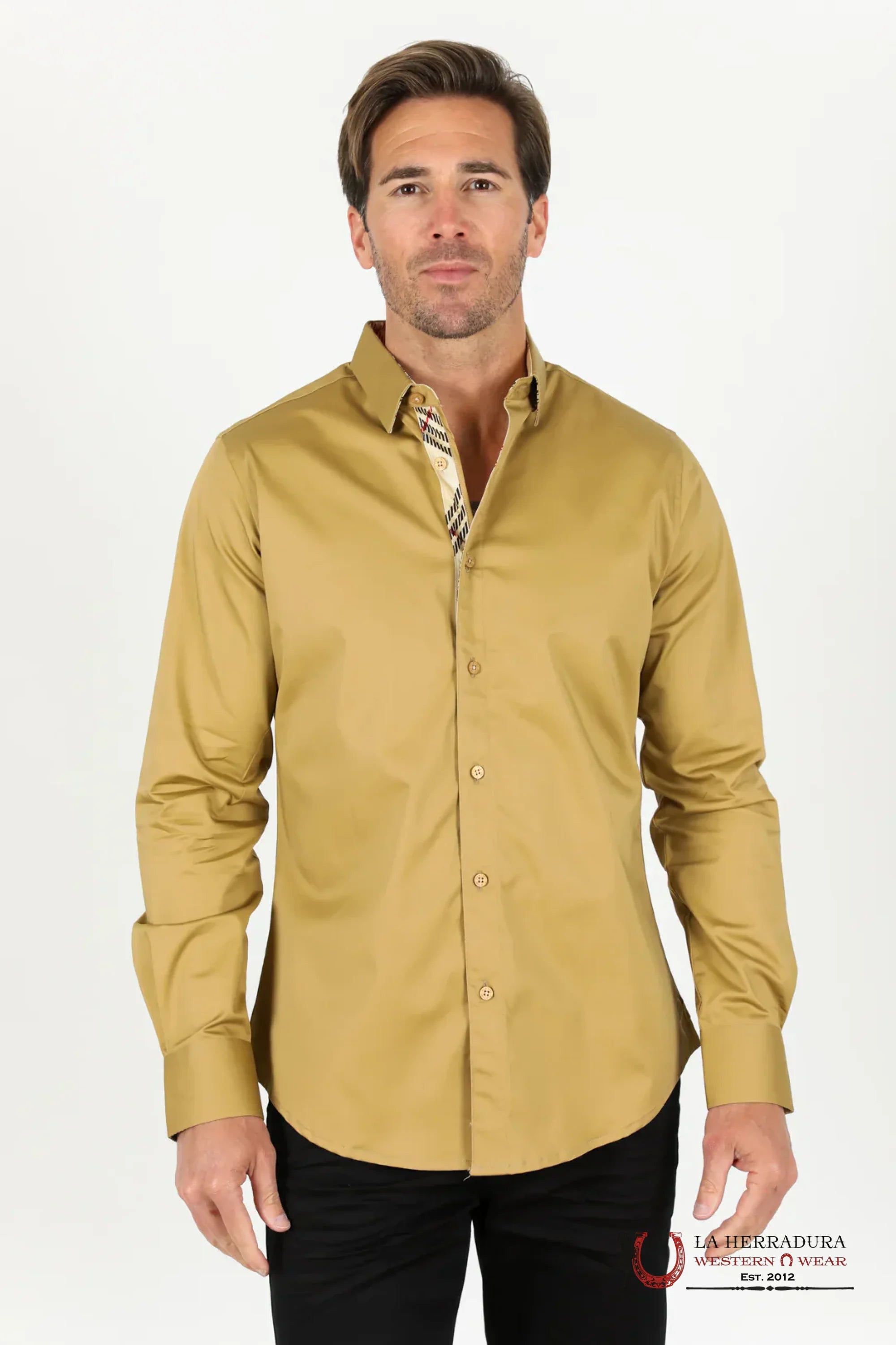Platini Mens Satin Cotton/Spandex Long Sleeve Khaki Shirt - TKL9243 ROPA HOMBRES