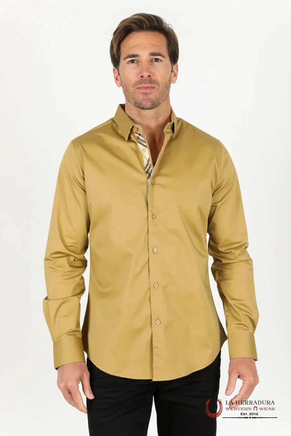 PLATINI MENS SATIN COTTON/SPANDEX LONG SLEEVE KHAKI SHIRT - TKL9243