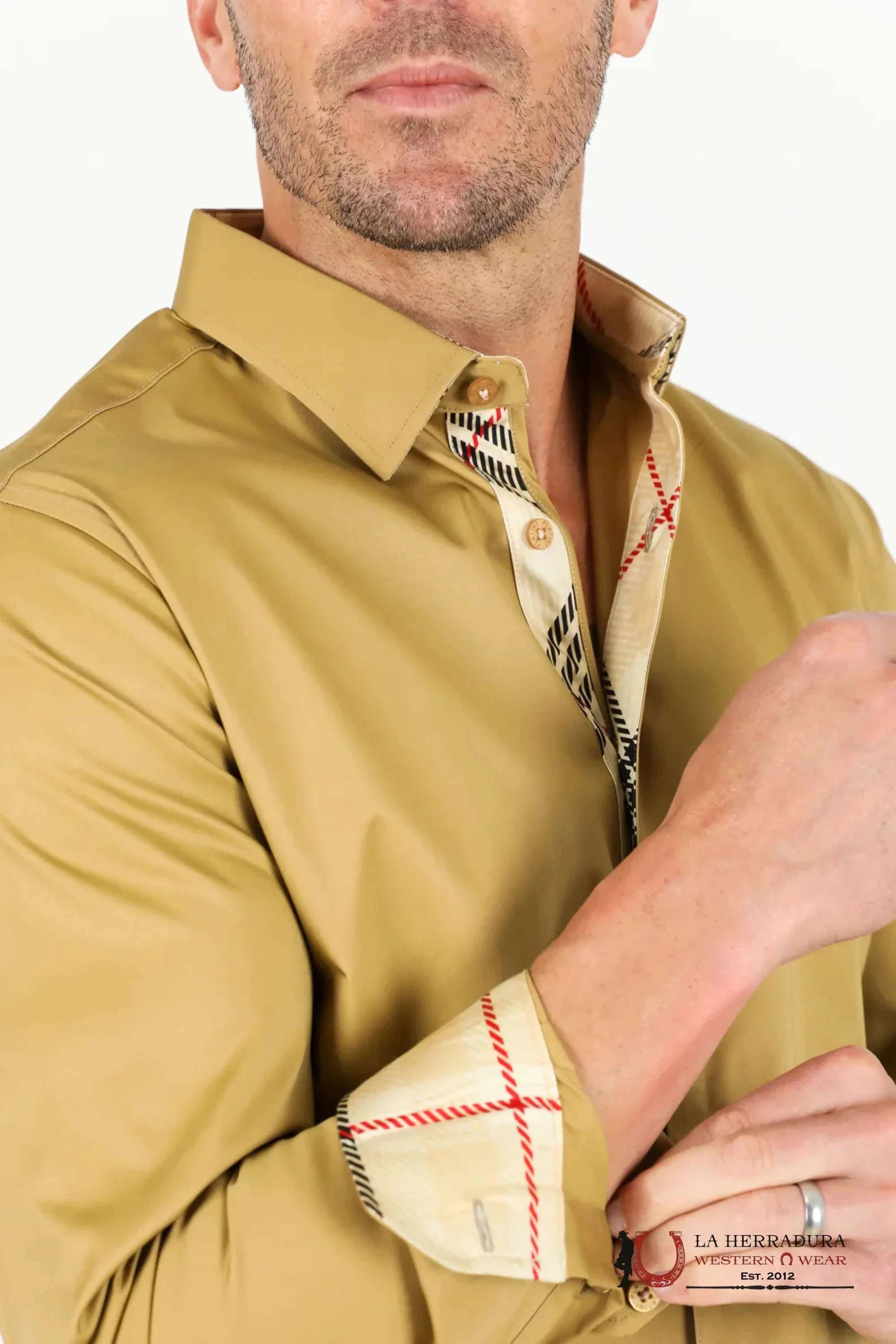 Platini Mens Satin Cotton/Spandex Long Sleeve Khaki Shirt - TKL9243 ROPA HOMBRES