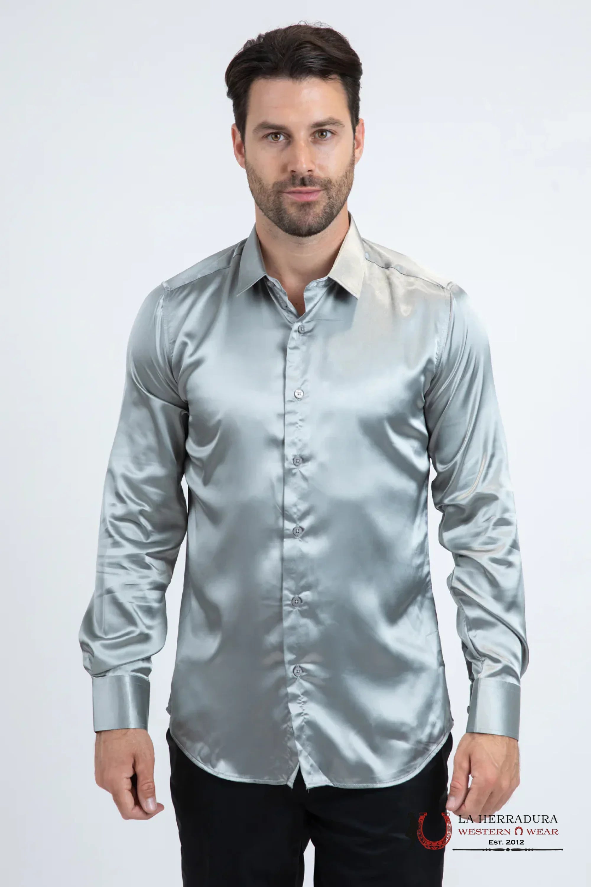 Platini Mens Satin Gray Dress Shirt SJL8153 ROPA HOMBRES