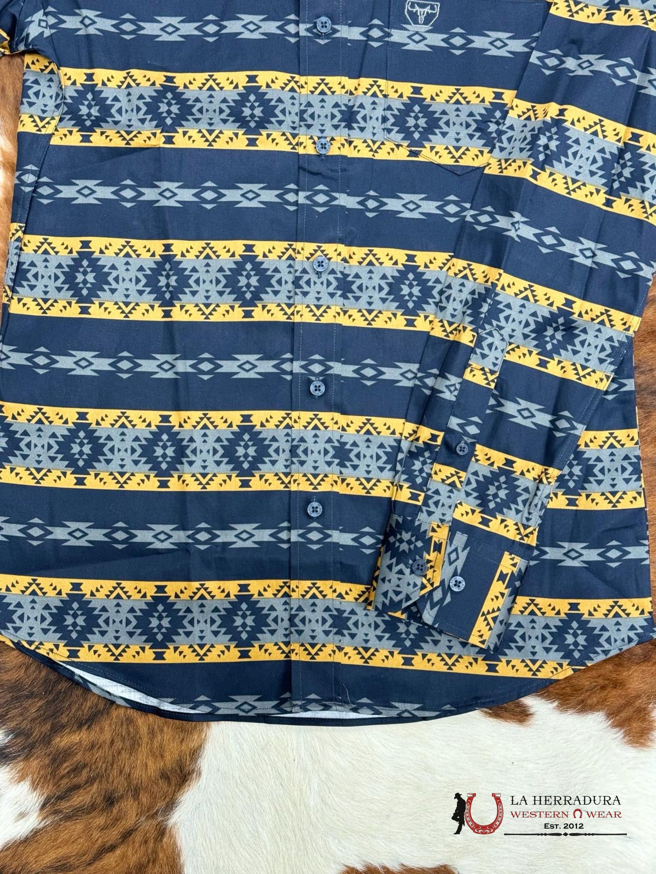 Platini Navy & Gold Aztec Print Long Sleeve Ropa Hombres
