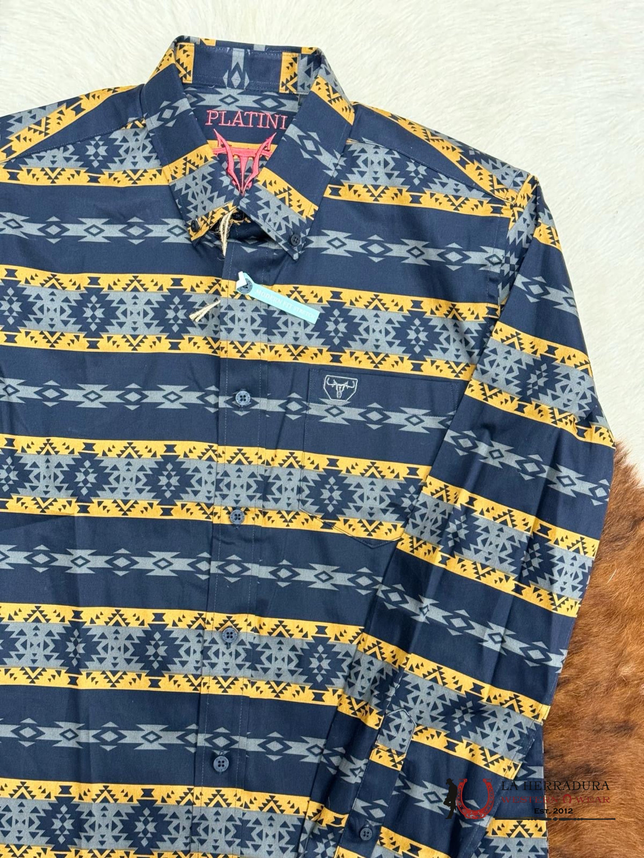 Platini Navy & Gold Aztec Print Long Sleeve Ropa Hombres