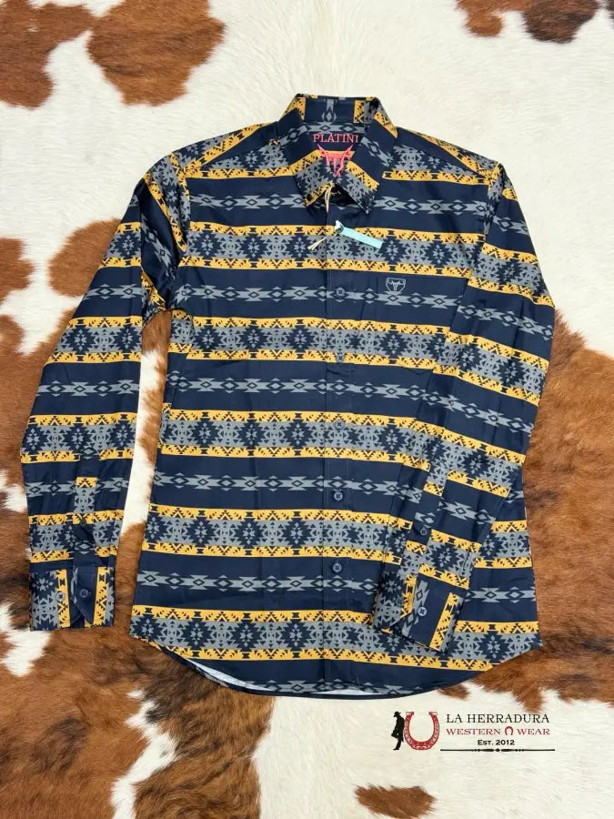 Platini Navy & Gold Aztec Print Long Sleeve Ropa Hombres