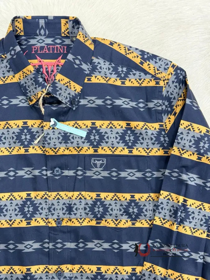 Platini Navy & Gold Aztec Print Long Sleeve Ropa Hombres