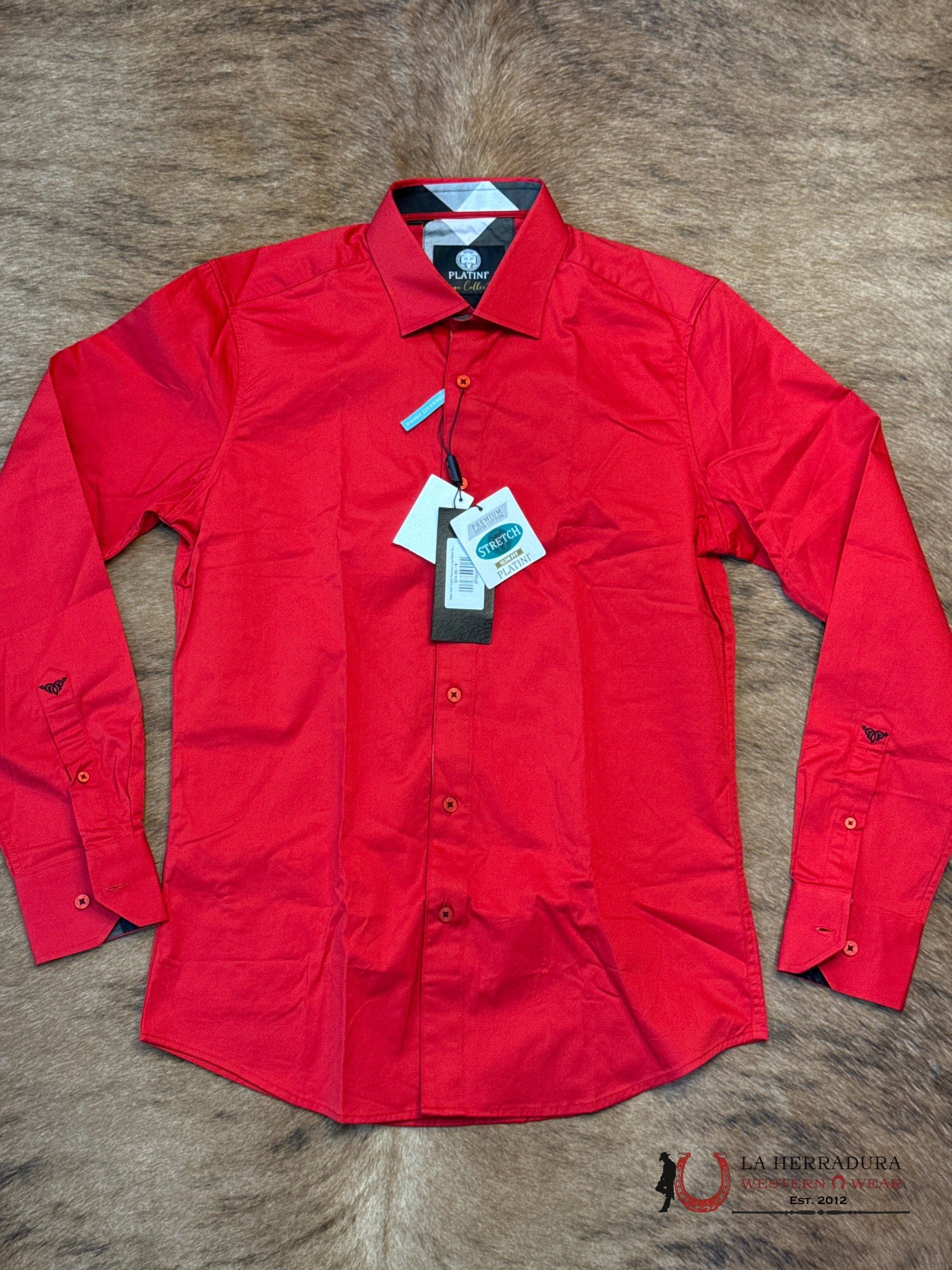 Platini Satin Cotton/Spandex Long Sleeve Red Shirt TKL10362 ROPA HOMBRES