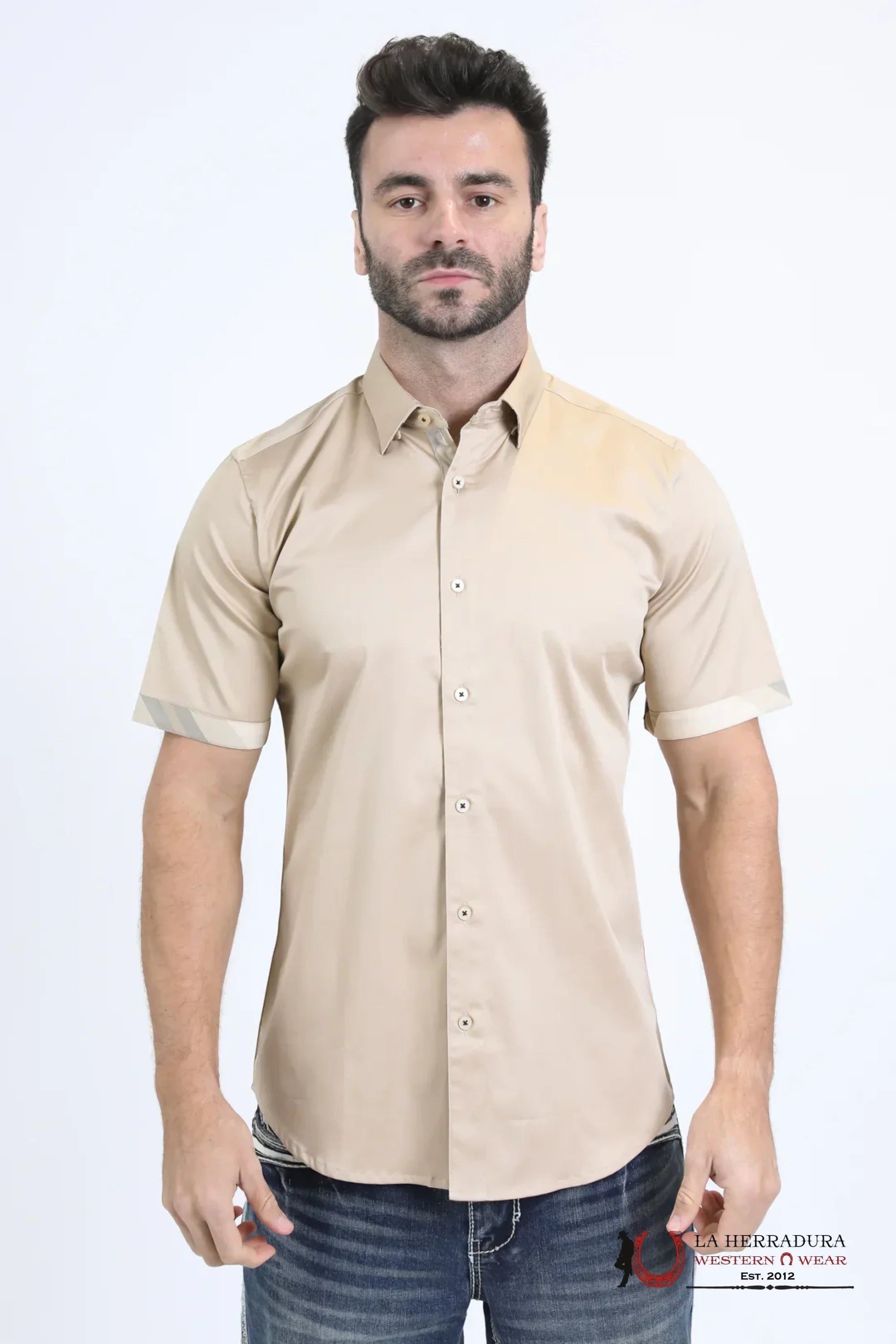 Platini Satin Cotton/Spandex Short Sleeve Beige Shirt - TKS10856 ROPA HOMBRES