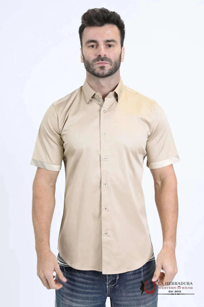 PLATINI SATIN COTTON/SPANDEX SHORT SLEEVE BEIGE SHIRT - TKS10856