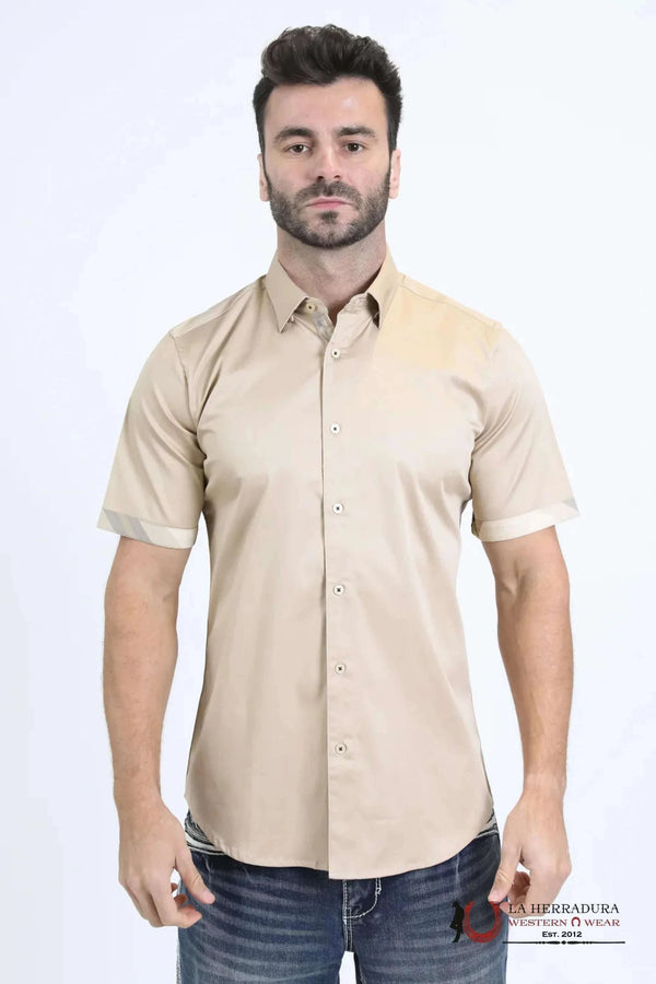 CAMISA DE MANGA CORTA DE ALGODÓN/SPANDEX SATINADO PLATINI BEIGE - TKS10856