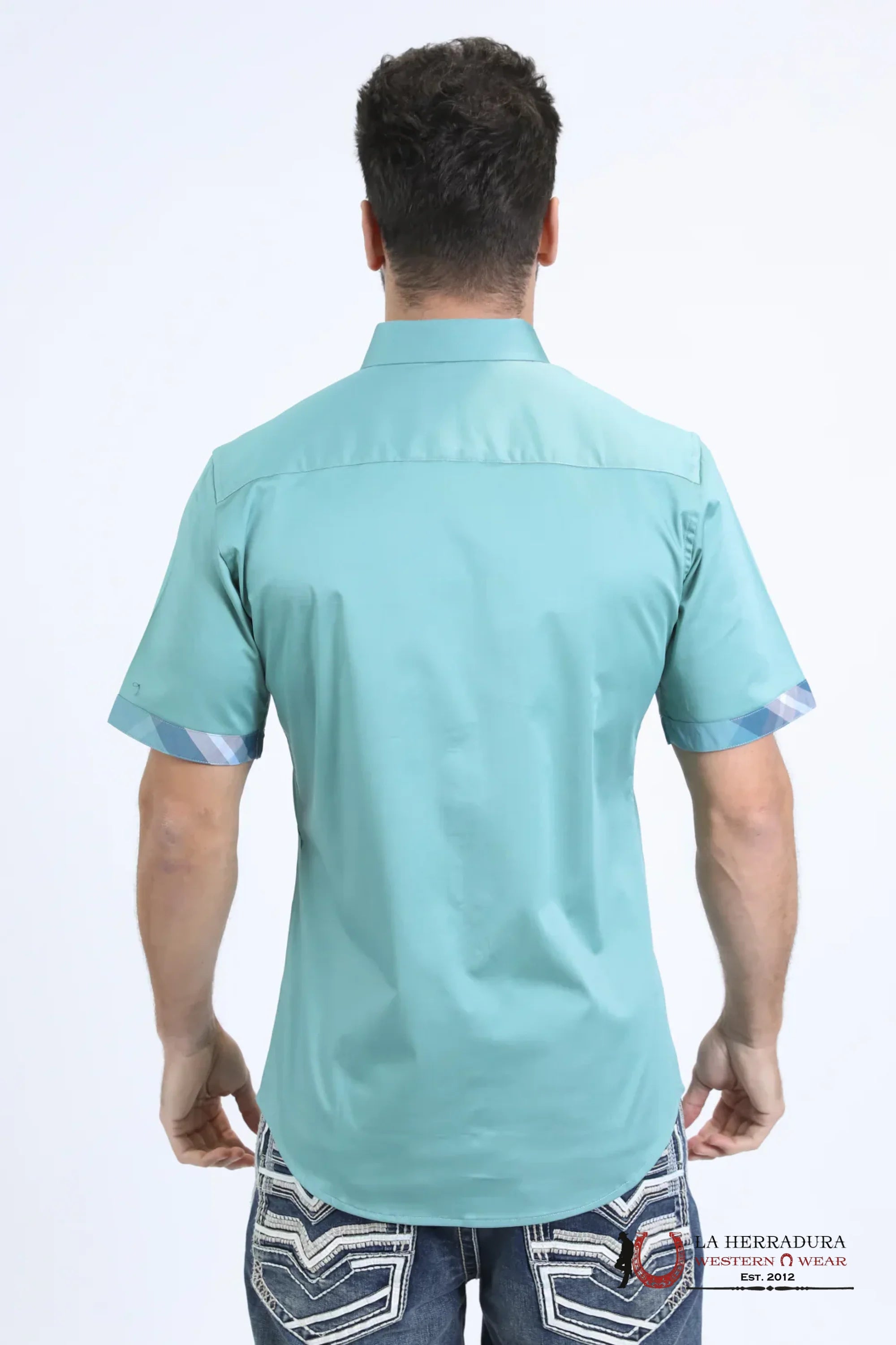 Platini Satin Cotton/Spandex Short Sleeve Teal Shirt TKS10857 ROPA HOMBRES