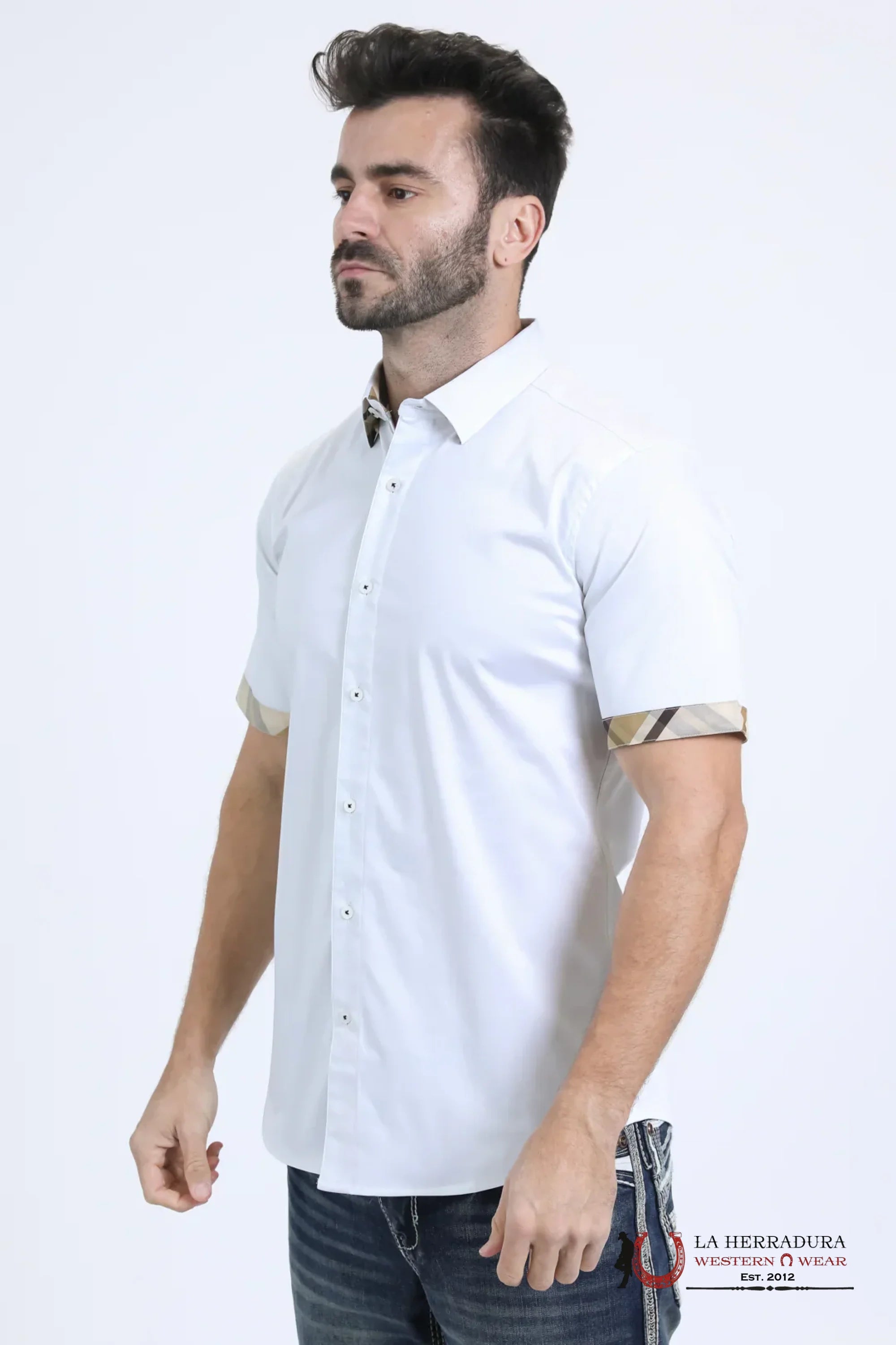 Platini Satin Cotton/Spandex Short Sleeve White Shirt - 10855 ROPA HOMBRES