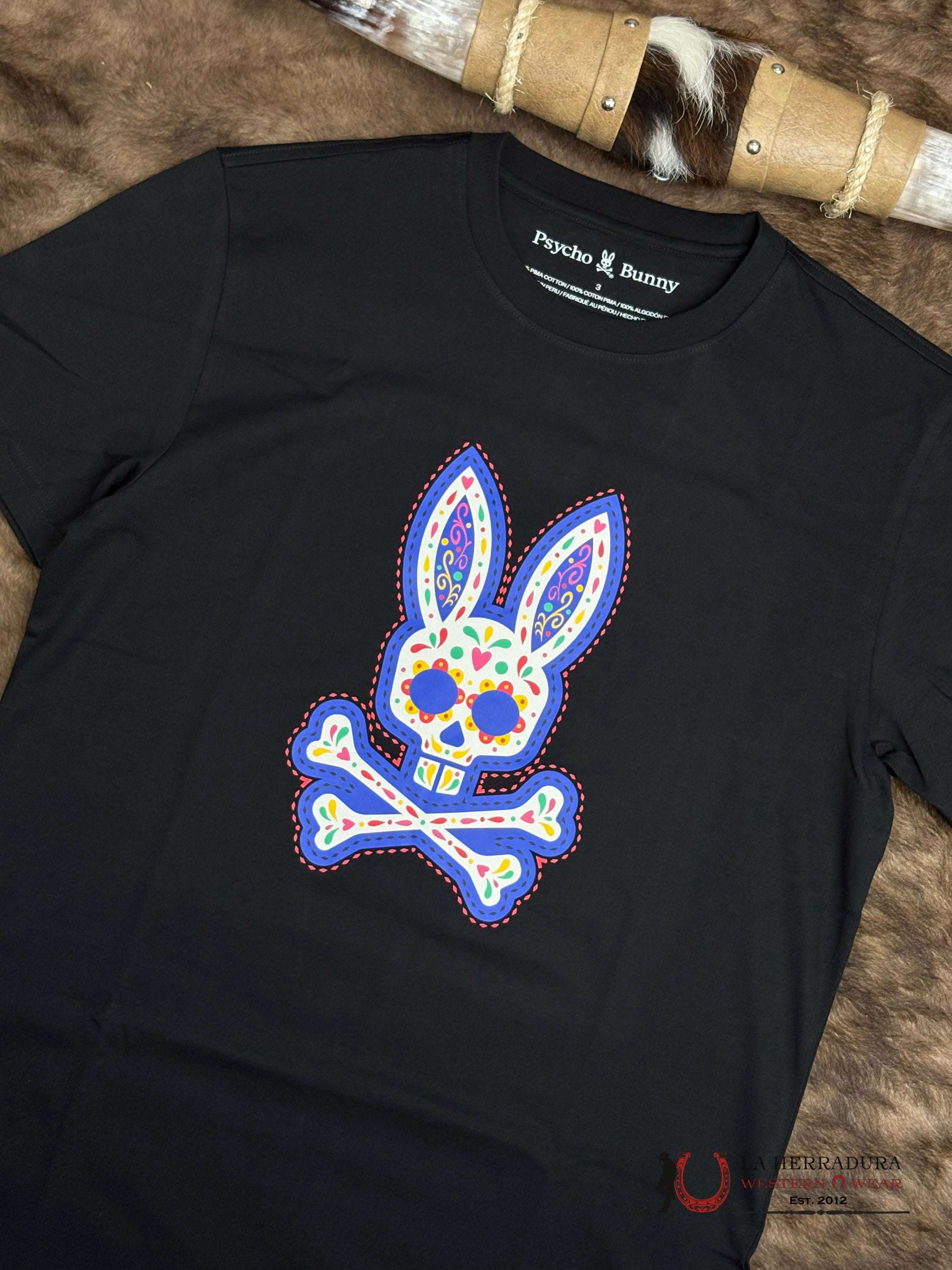 PSYCHO BUNNY MEN DAY OF THE DEAD GRAPHIC TEE BLACK SHIRT MT0200086