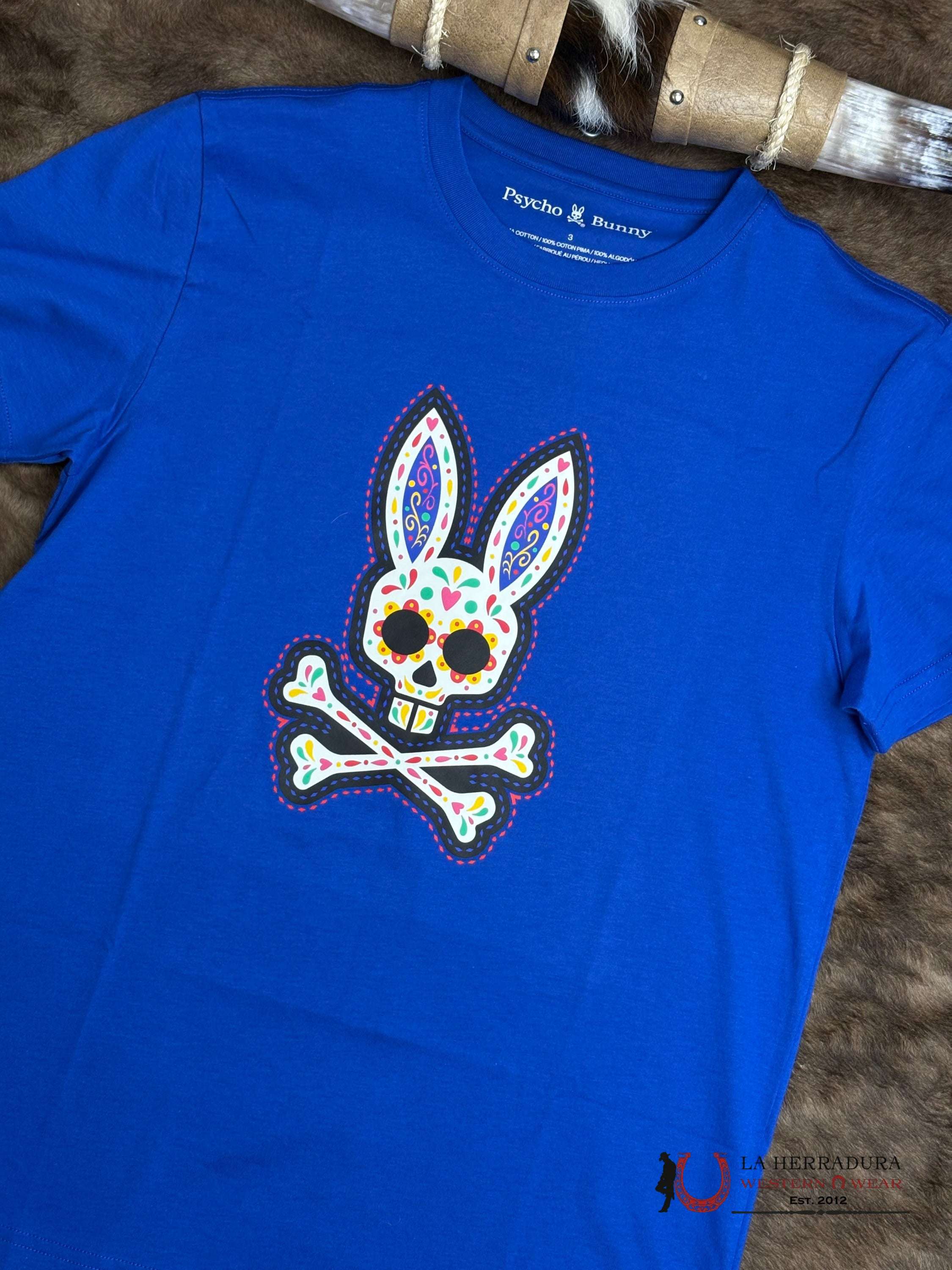 PSYCHO BUNNY MEN DAY OF THE DEAD GRAPHIC TEE SAPPHIRE BLUE SHIRT