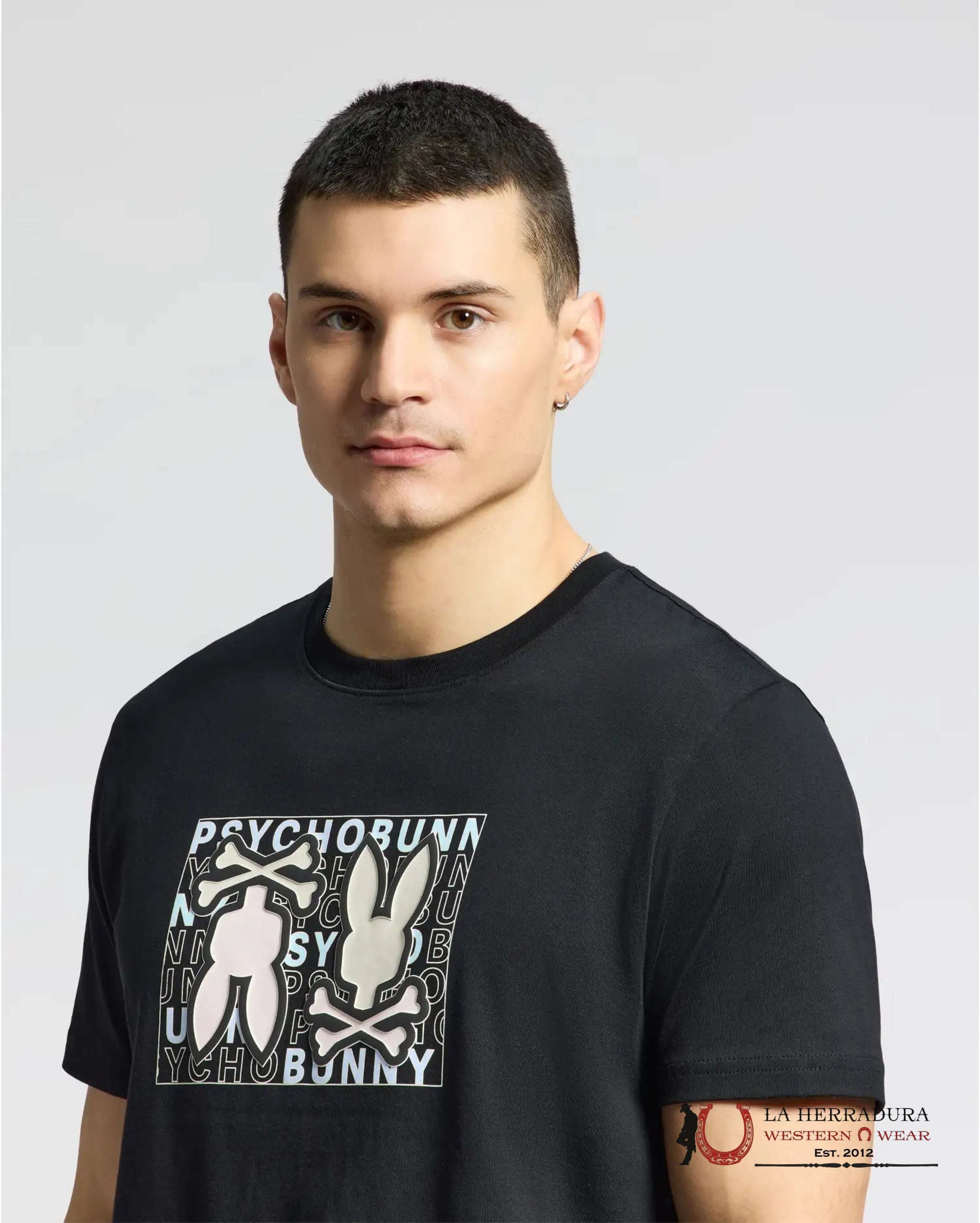 PSYCHO BUNNY MEN GOLD COAST GRAPHIC TEE BLACK SHIRT B6U631F200