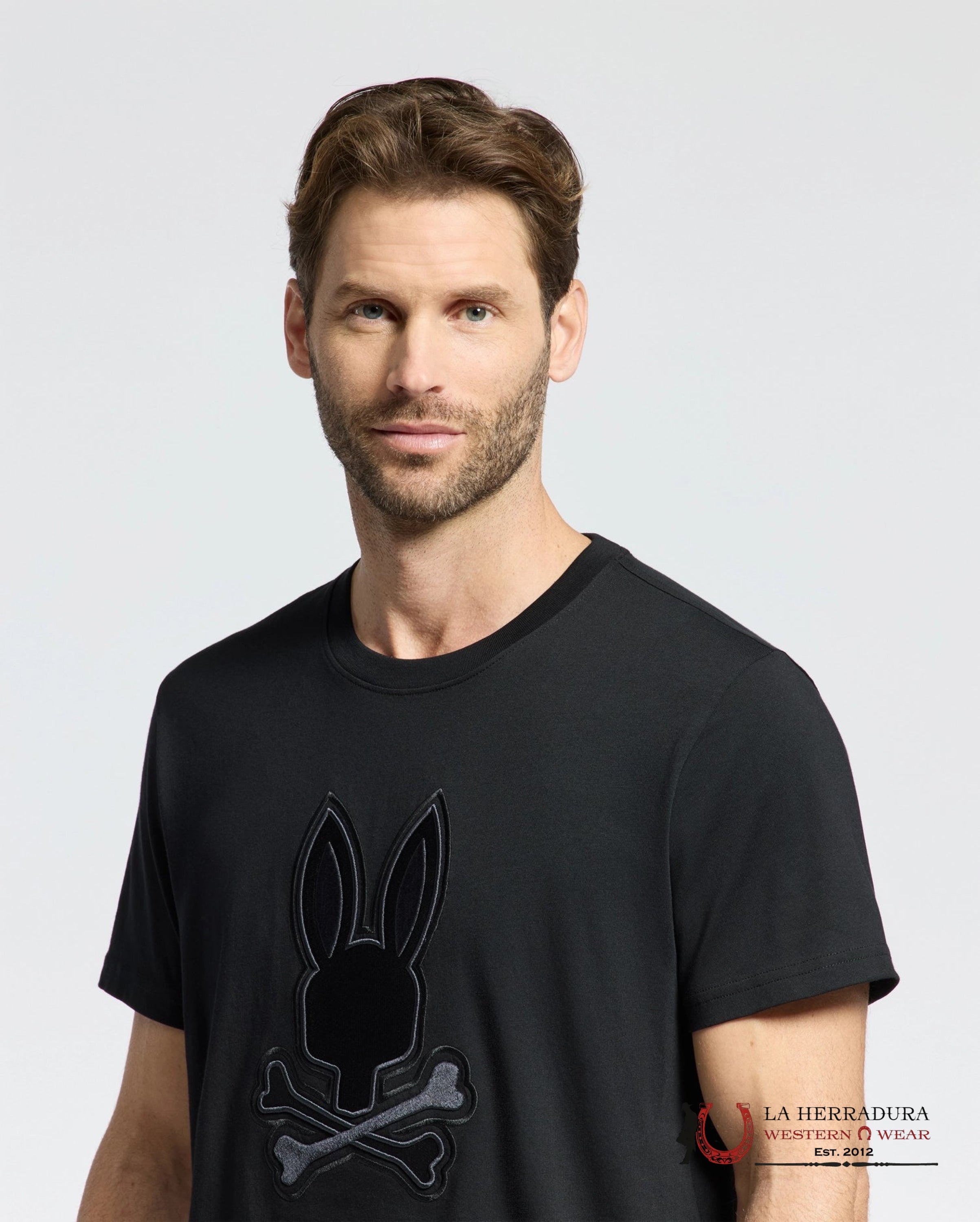 PSYCHO BUNNY NEW CASTLE EMBROIDERED GRAPHIC TEE BLACK SHIRT ROPA HOMBRES