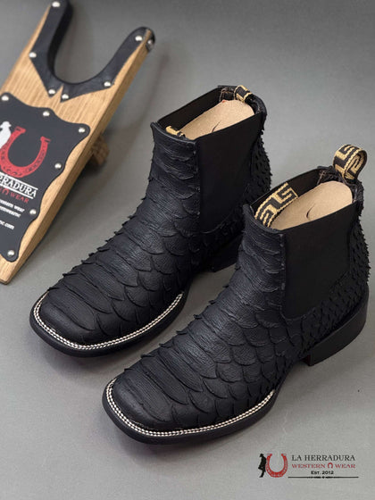 RANCHERS BLACK PYTHON RED-BOTTOM SQ. TOE SHORT BOOT