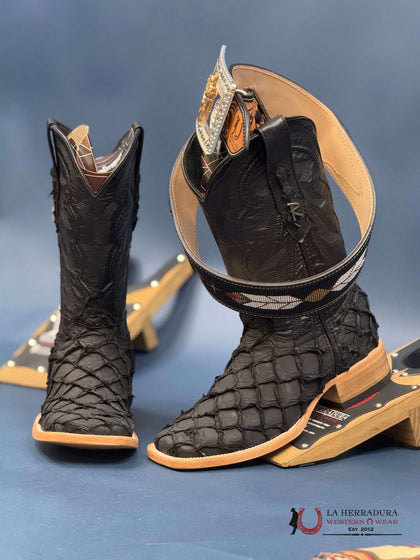 RANCHERS EXOTIC BIGBASS MATTE BLACK FLASH FISH BOOT SQ. TOE