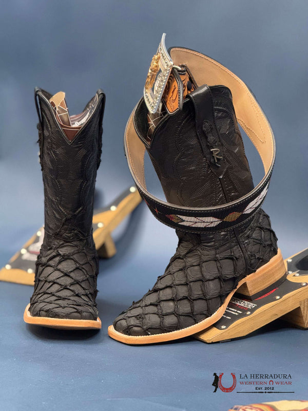 BOTAS RANCHERS EXOTIC BIGBASS NEGRO MATE FLASH FISH PUNTA CUADRADA