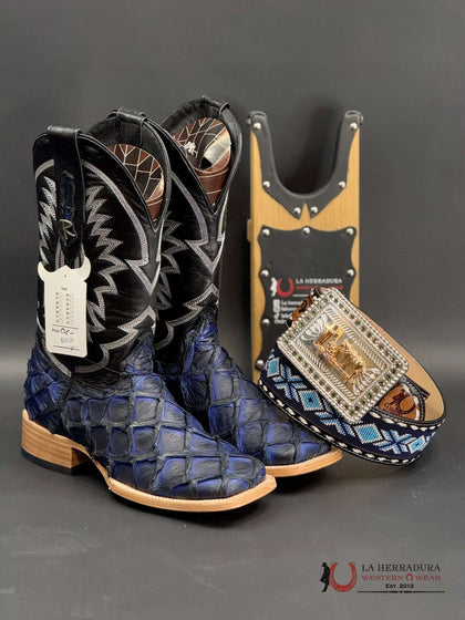RANCHERS EXOTIC BLACK ELECTRIC/BLUE SOLAR FISH BOOTS SQ. TOE