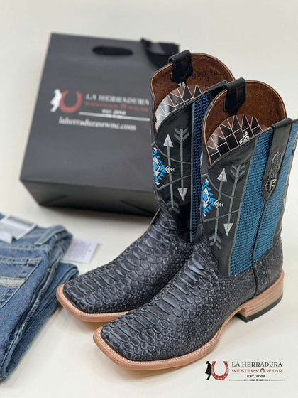 RANCHERS EXOTIC PYTHON RUSTIC BLUE BOOT SQ. TOE