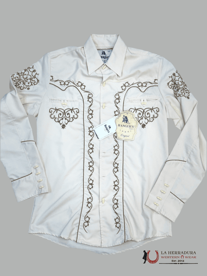 RANCHEROS HOMBRES CAMISA CHARRA BEIGE BORDADA ORO CLARO MANGA LARGA 027CA01