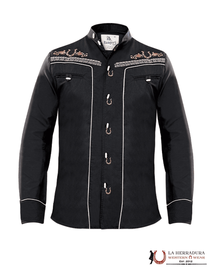 RANCHERS MEN CHARRO BLACK BORDADO SHIRT LIGHT TAN LONG SLEEVE 030CA01