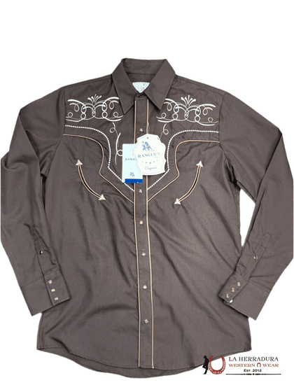 CAMISA BORDADA DE RANCHERO PARA HOMBRE, MARRÓN CHARRO, MANGA LARGA, BEIGE CLARO 179CA01