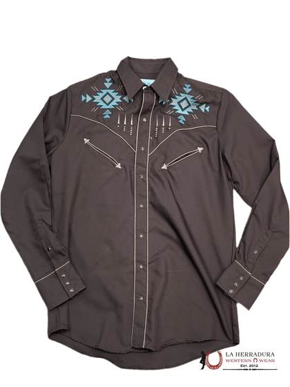 RANCHEROS HOMBRE CAMISA CHARRA CAFÉ BORDADO MANGA LARGA AZUL CLARO 171CA01