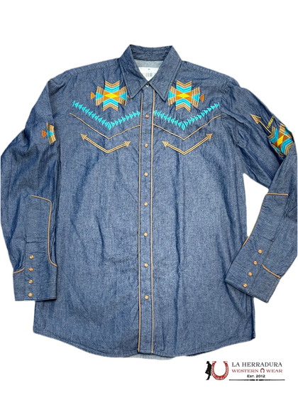 RANCHERS MEN CHARRO DENIM BORDADO SHIRT LIGHT BLUE/MARRON LONG SLEEVE 158CA01