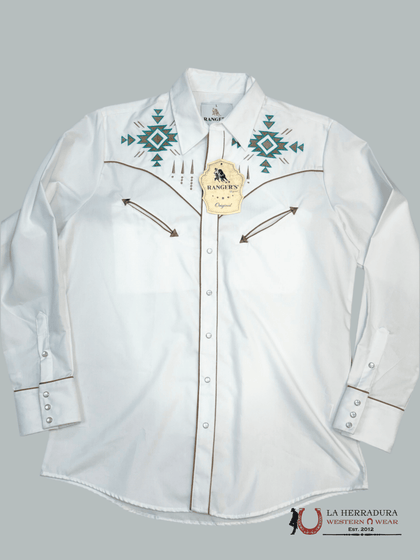 CAMISA BORDADA DE CHARRO BLANCA PARA HOMBRE RANCHERS MANGA LARGA AZUL CLARO/MARRÓN