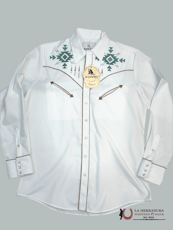 CAMISA BORDADA DE CHARRO BLANCA PARA HOMBRE RANCHERS MANGA LARGA AZUL CLARO/MARRÓN