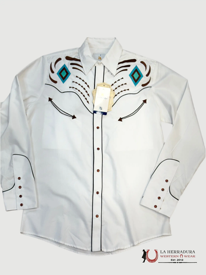 RANCHERS HOMBRE CAMISA CHARRA BLANCA BORDADA AZUL CLARO MANGA LARGA 170CA01