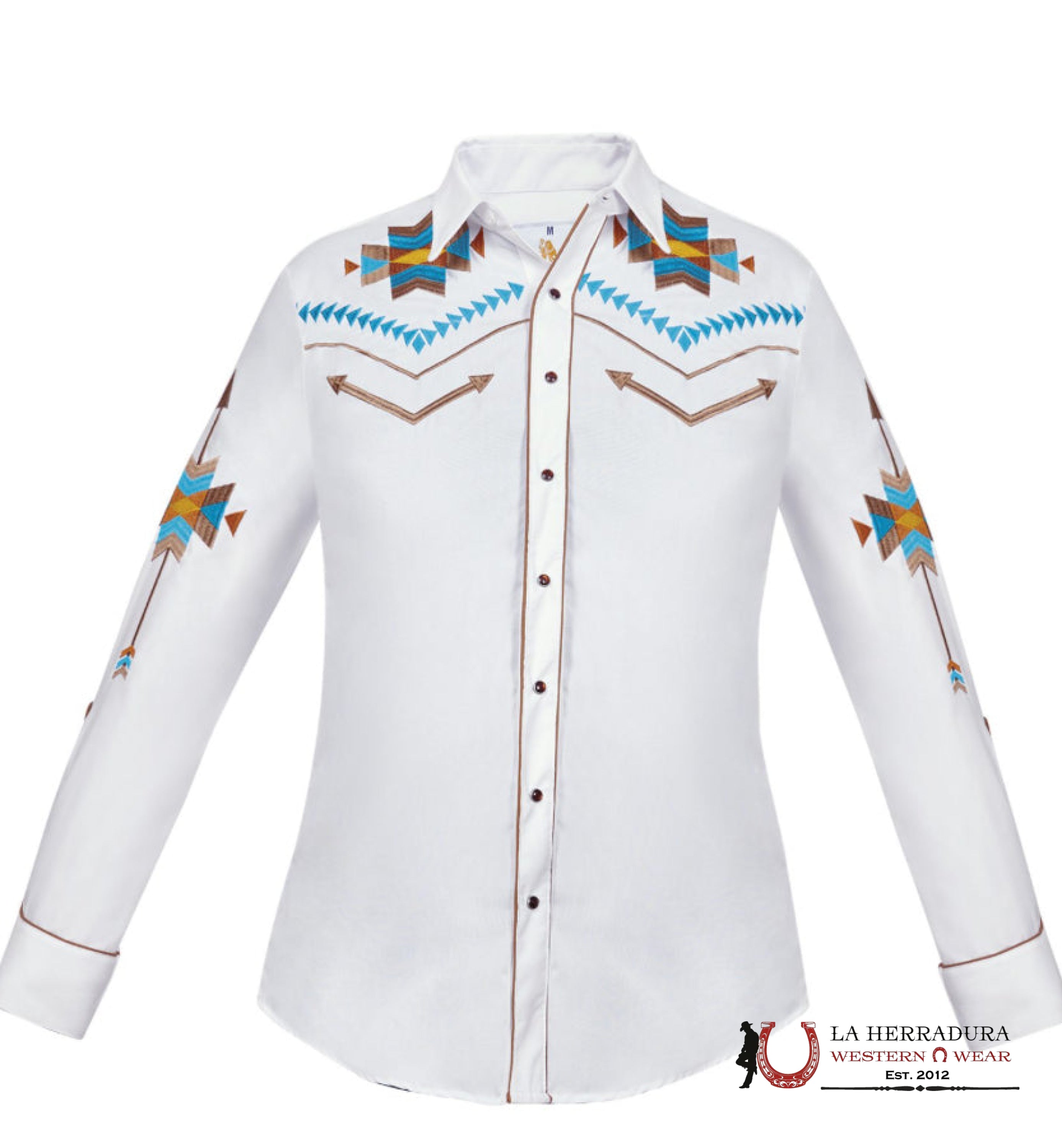 Rancher’s Men charro White Bordado Shirt Light Brown/Blue Long Sleeve 158CA01 ROPA HOMBRES