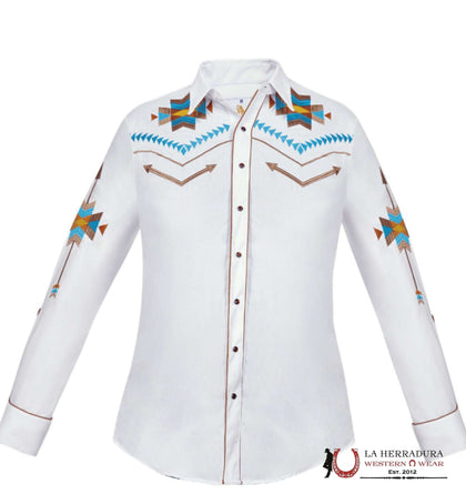 RANCHERS MEN CHARRO WHITE BORDADO SHIRT LIGHT BROWN/BLUE LONG SLEEVE 158CA01