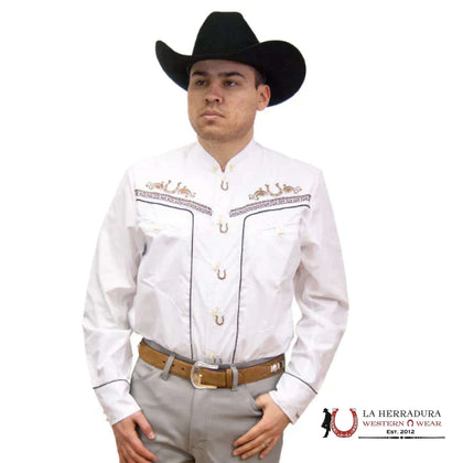 RANCHERS MEN CHARRO WHITE BORDADO SHIRT LIGHT BROWN LONG SLEEVE 030CA01