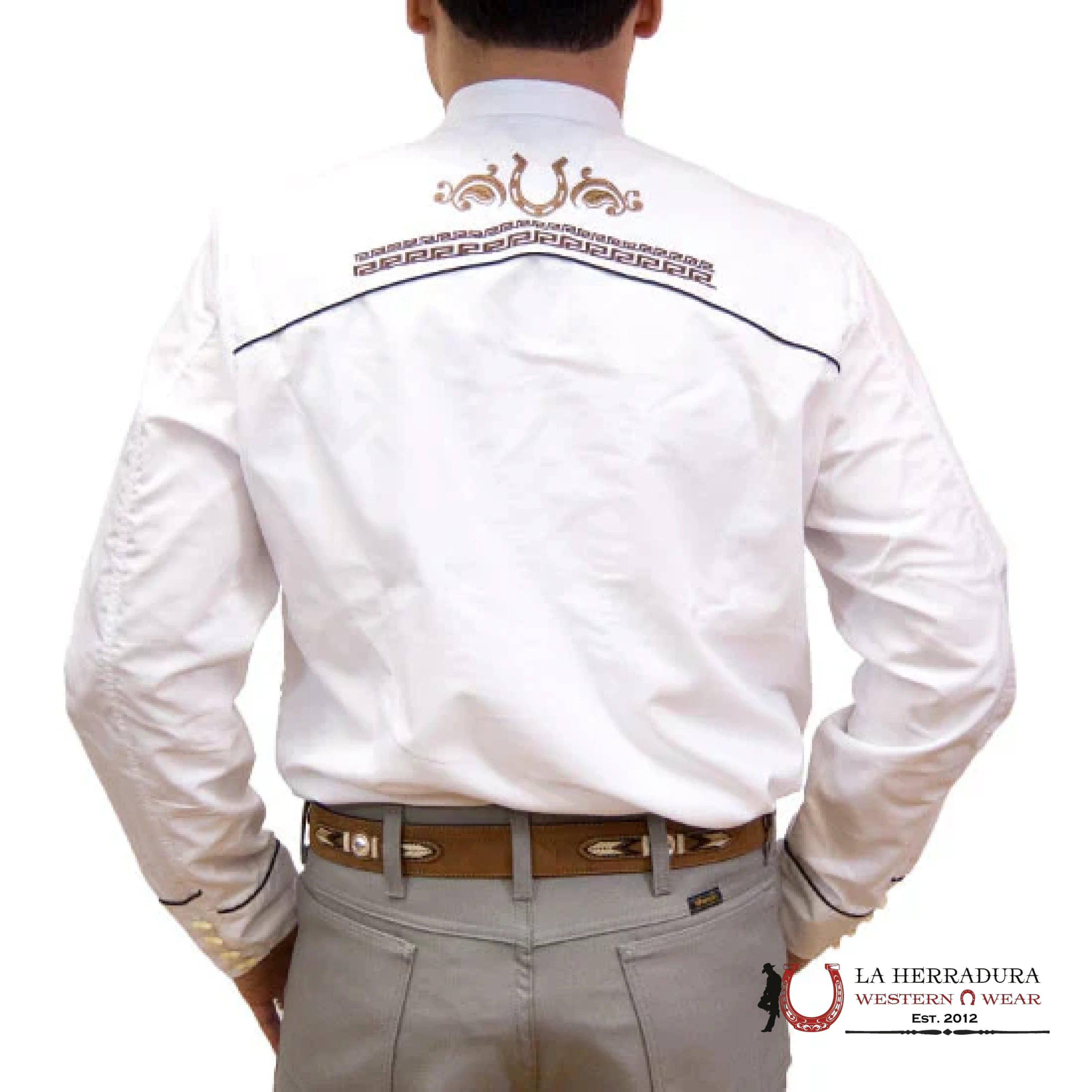 Rancher’s Men charro White Bordado Shirt Light Brown Long Sleeve 030CA01 ROPA HOMBRES