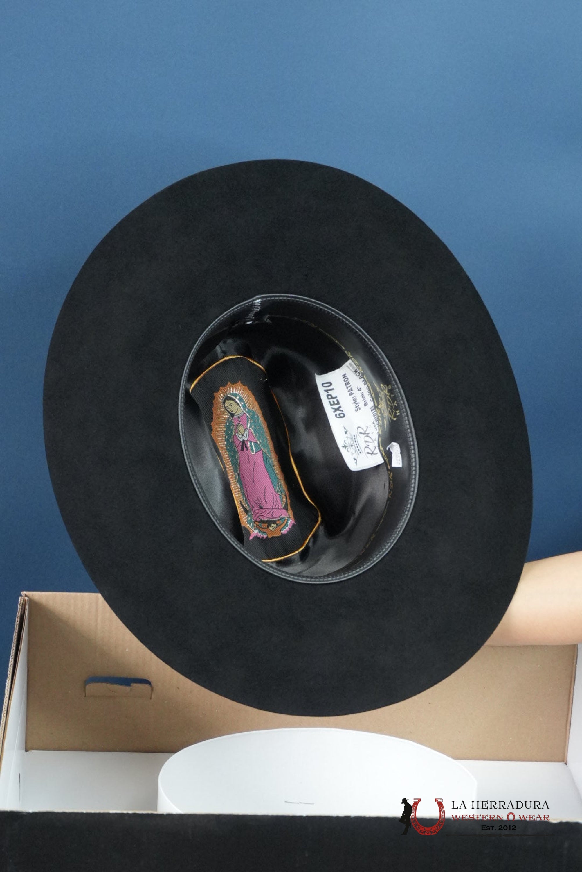 RDR 6X BLACK COPA ALTA VIRGEN DE GUADALUPE FELT HAT GUADALUPANA TEJANA