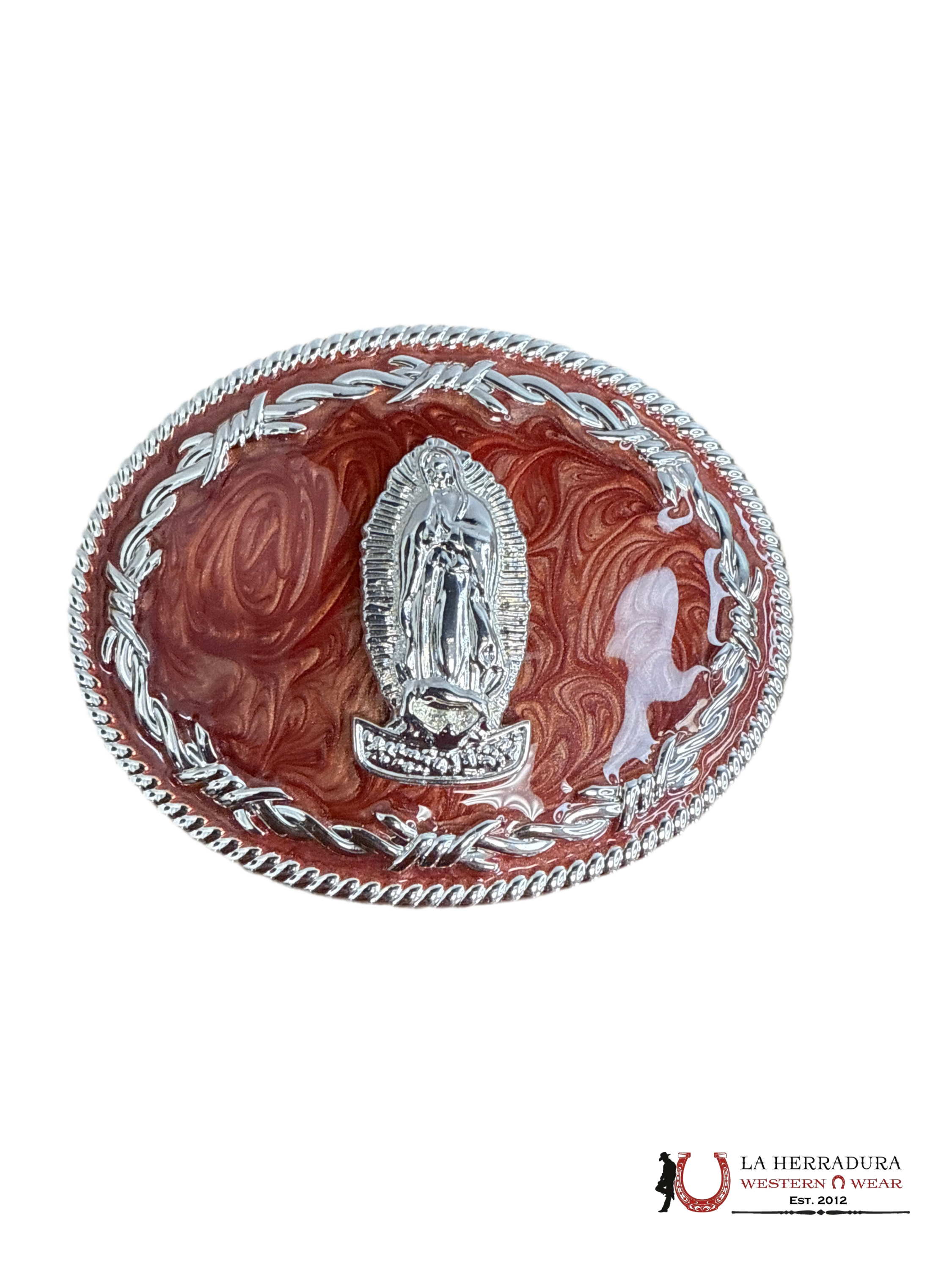 RED & SILVER VIRGEN DE GUADALUPE ROUND BUCKLE 22 ACCESORIOS