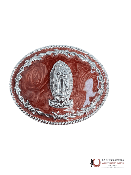 RED & SILVER VIRGEN DE GUADALUPE ROUND BUCKLE 22