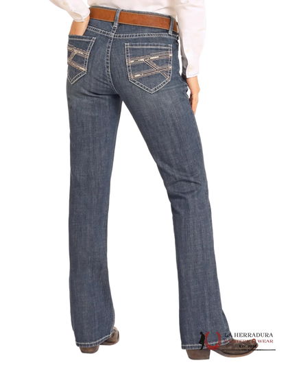 JEAN CON CORTE DE BOTA, CON BORDADO CRUZADO VINTAGE OSCURO, ESTILO ROCK AND ROLL BW4RD04779