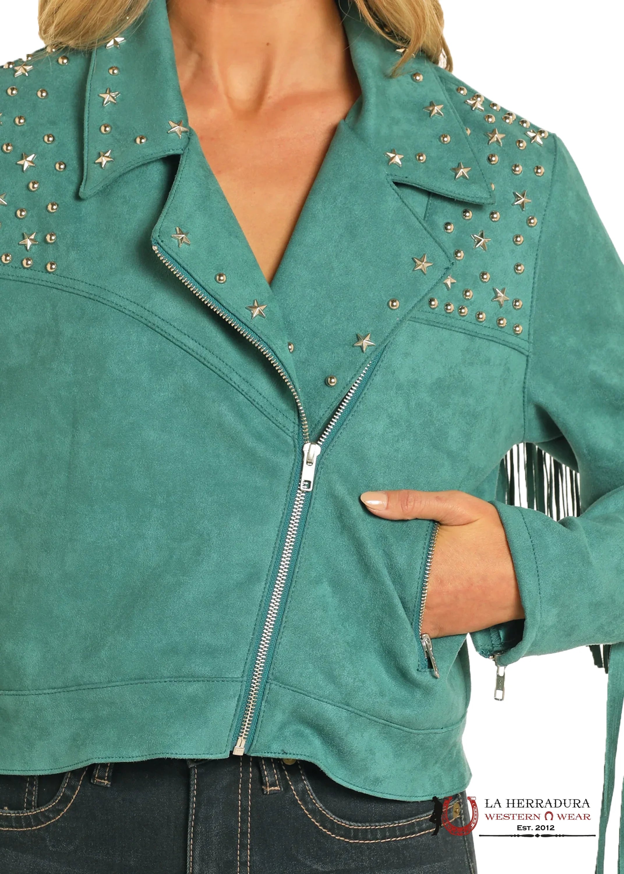 Rock&Roll Womens Suede Fringe Moto Jacket Green Ropa Mujeres