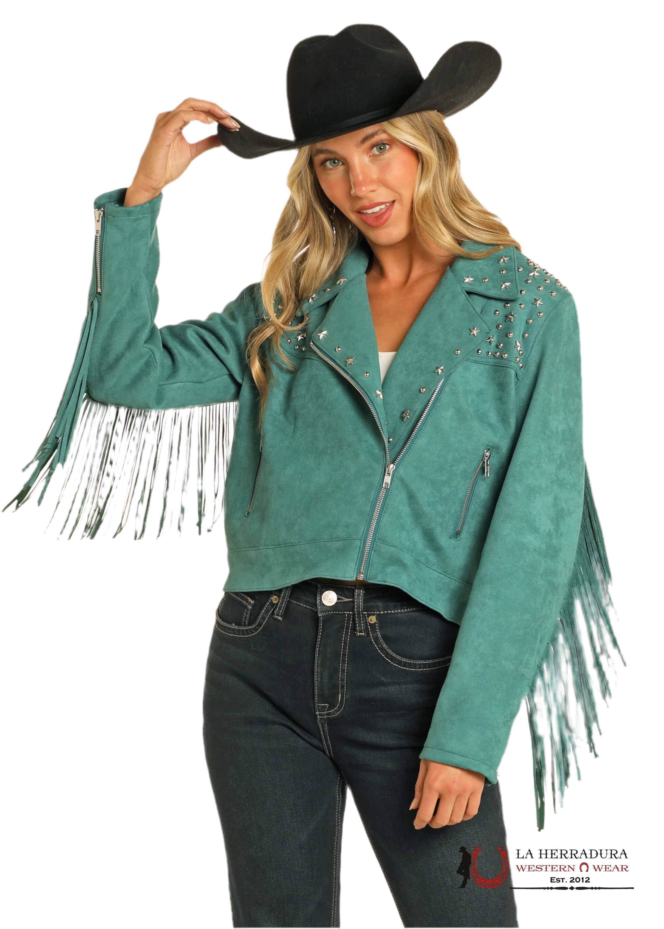 Rock&Roll Womens Suede Fringe Moto Jacket Green Ropa Mujeres