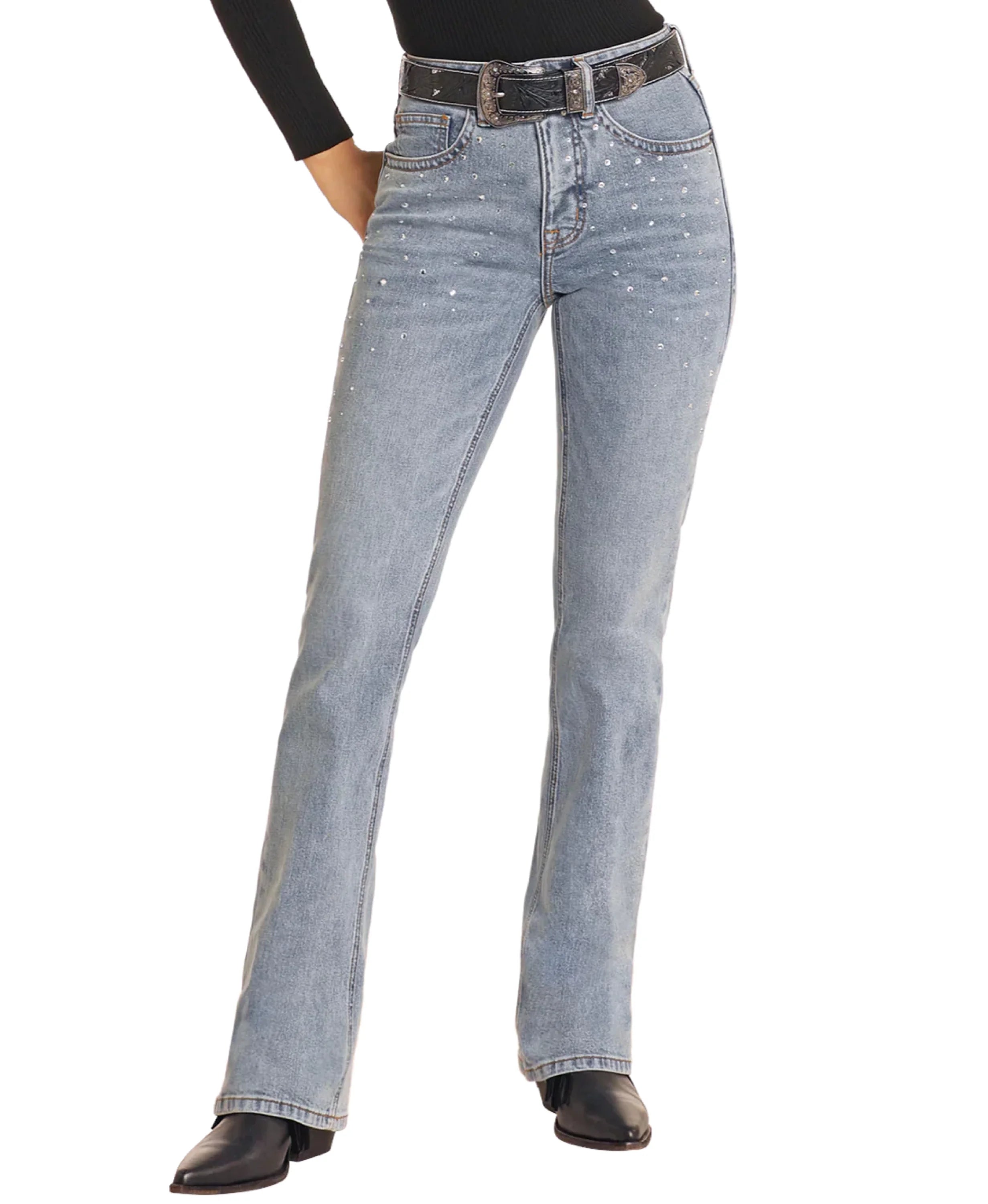 ROCK AND ROLL HIGH RISE BOOTCUT JEAN LIGHT WASH WITH RHINESTONE -5322 ROCK&ROLL JEANS WOMEN