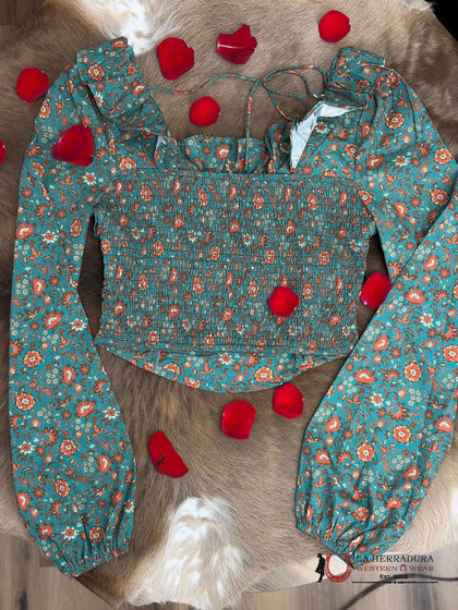 Rock&Roll Hunter Green Scooped Neckline Floral Top BW52T04564