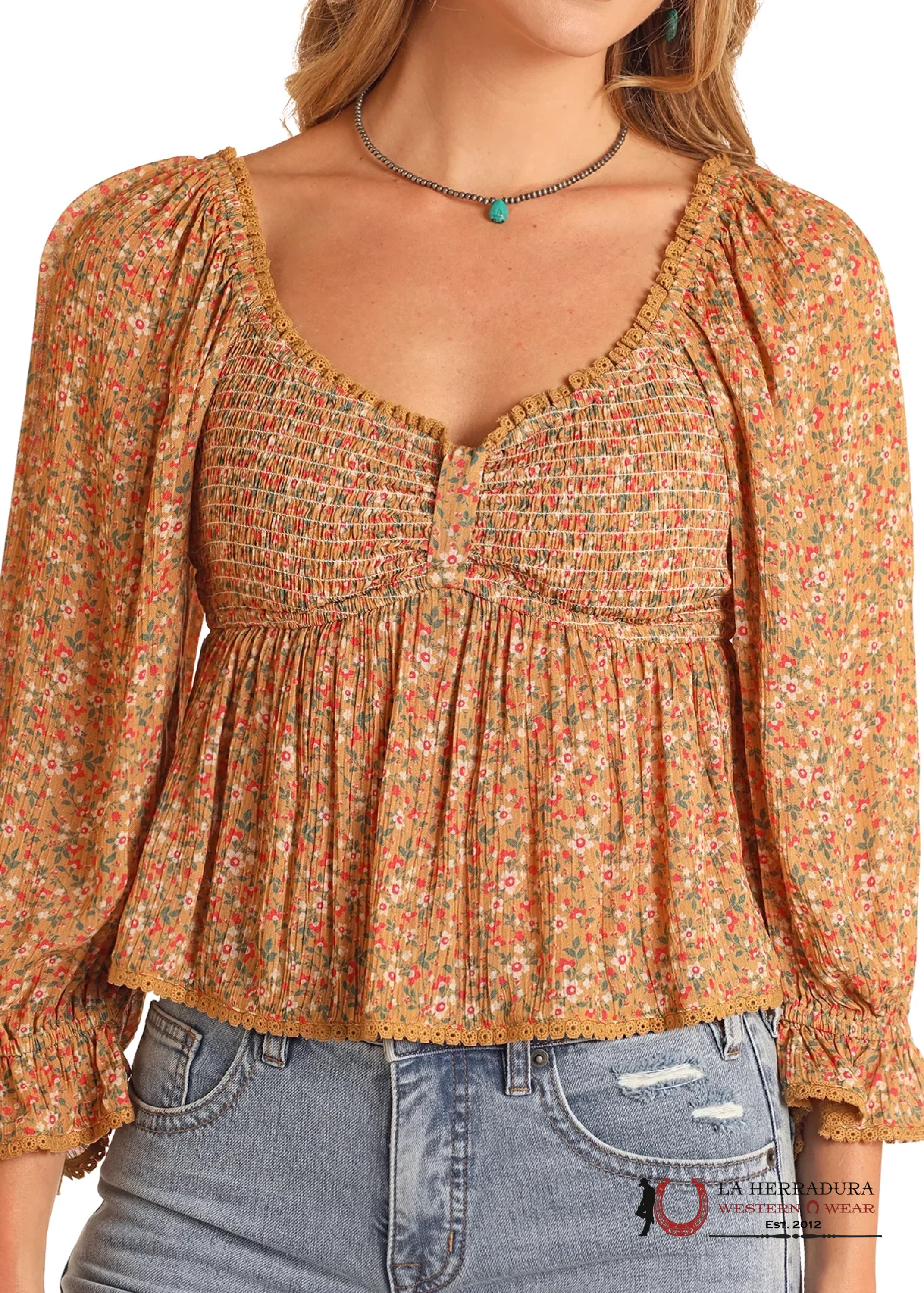 Rock And Roll Hunter Mustard Scooped Neckline Floral Top BW52T05920 ROPA MUJERES