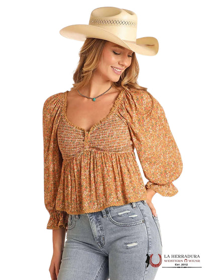 Rock And Roll Hunter Mustard Scooped Neckline Floral Top BW52T05920